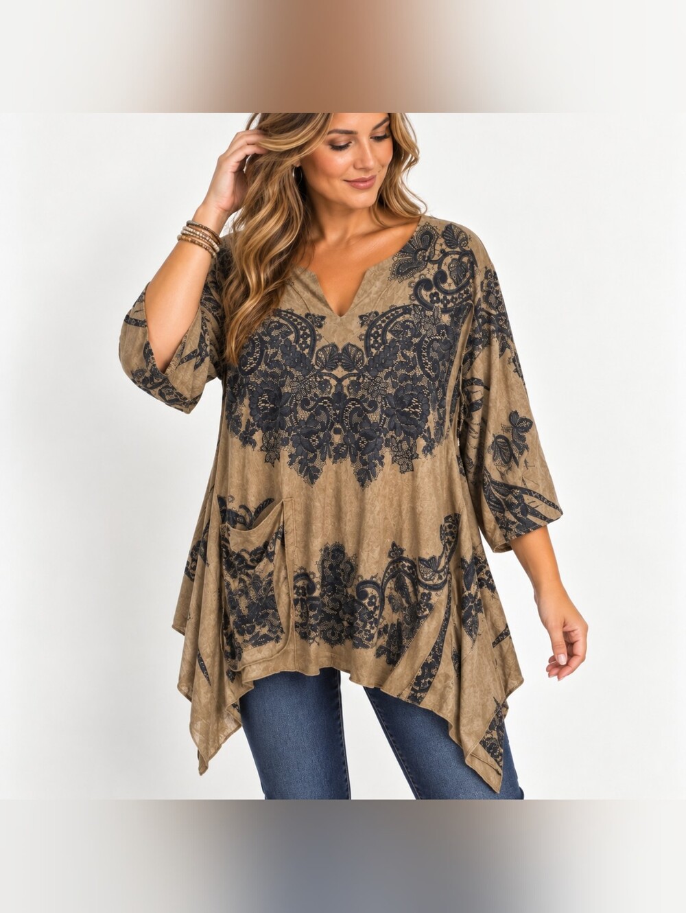 Cover Charge XL Made in USA Boho Paisley Tunic Top Handkerchief Hem Pocket Boho